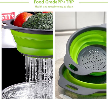 ONFAMICO Collapsible Colander Set of 3 - Heat Resistant Washing and Draining of Vegetables Fruits Pasta - Perfect for Kitchen and Travel Use (3PCS-Green)