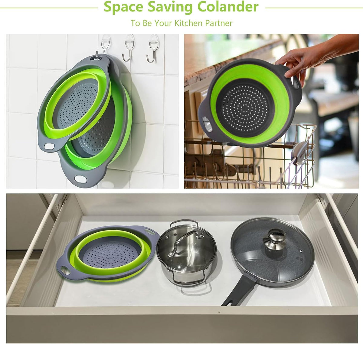 ONFAMICO Collapsible Colander Set of 3 - Heat Resistant Washing and Draining of Vegetables Fruits Pasta - Perfect for Kitchen and Travel Use (3PCS-Green)