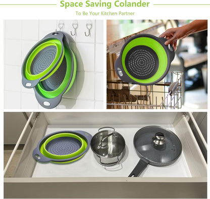 ONFAMICO Collapsible Colander Set of 3 - Heat Resistant Washing and Draining of Vegetables Fruits Pasta - Perfect for Kitchen and Travel Use (3PCS-Green)