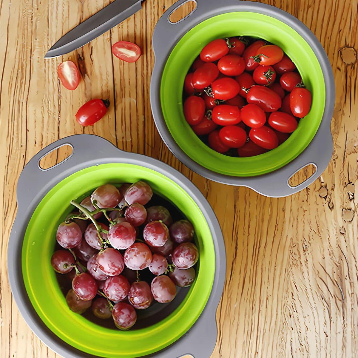 ONFAMICO Collapsible Colander Set of 3 - Heat Resistant Washing and Draining of Vegetables Fruits Pasta - Perfect for Kitchen and Travel Use (3PCS-Green)