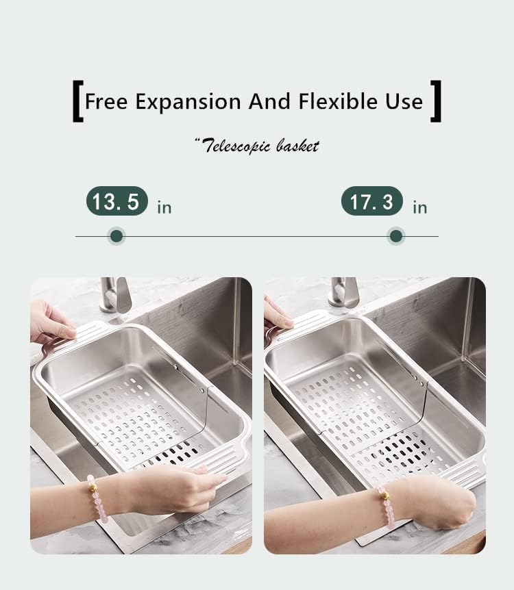 ZDRongZhen Kitchen Supply-Over the Sink Colander Strainer Basket Stainless Steel Retractable Kitchen Sink Basket -Wash Vegetables and Fruits, Drain Pasta and Dry Dishes,Extendable (Medium Silver)