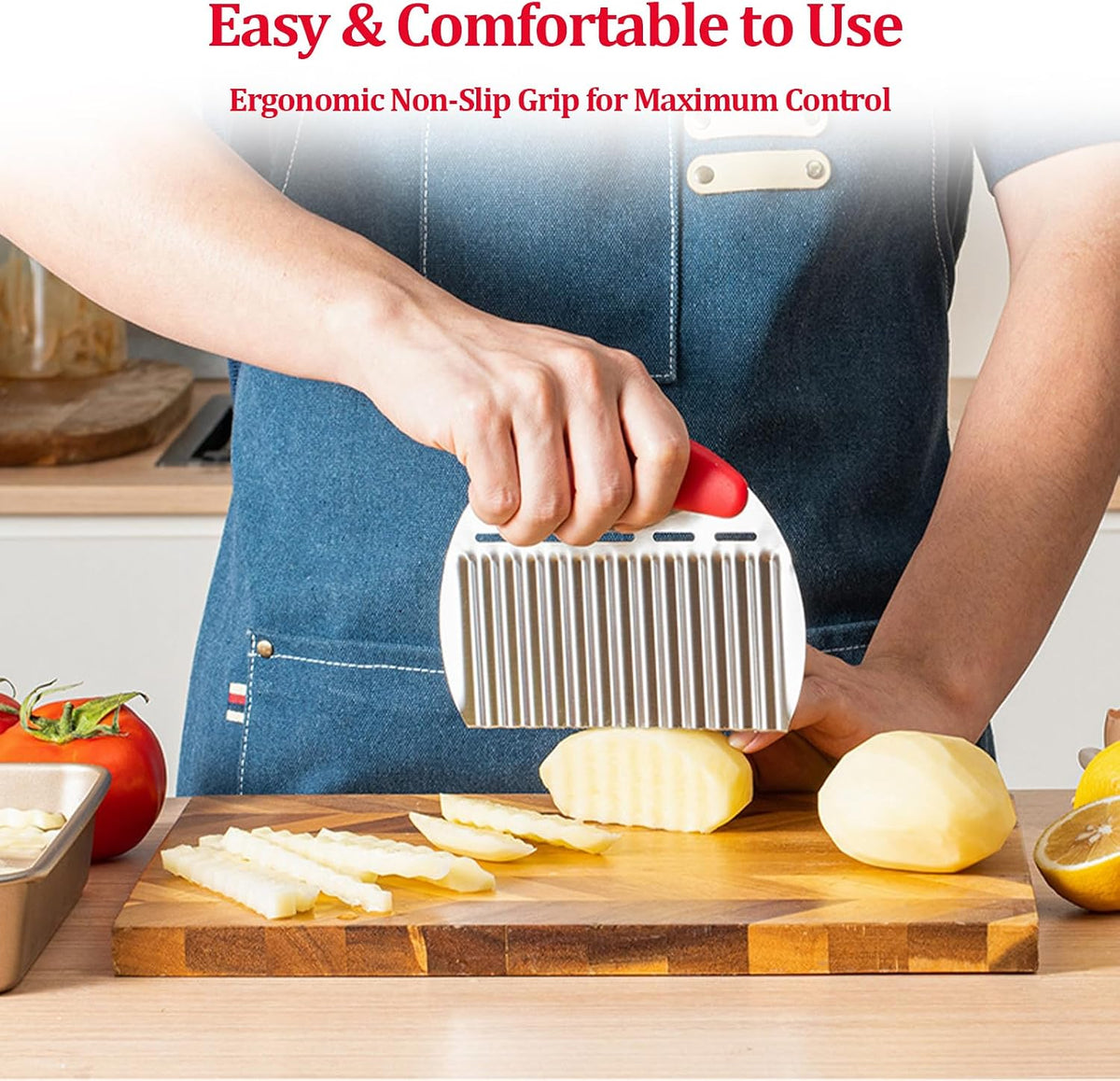 Crinkle Cutter Stainless Steel French Fry Cutter for Potato Slicer, Ripple Chips, Salads Effortlessly Cuts Potatoes, Carrots, Cucumbers Perfect for Meal Prep, Holidays & Entertaining