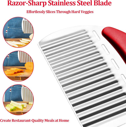Crinkle Cutter Stainless Steel French Fry Cutter for Potato Slicer, Ripple Chips, Salads Effortlessly Cuts Potatoes, Carrots, Cucumbers Perfect for Meal Prep, Holidays & Entertaining