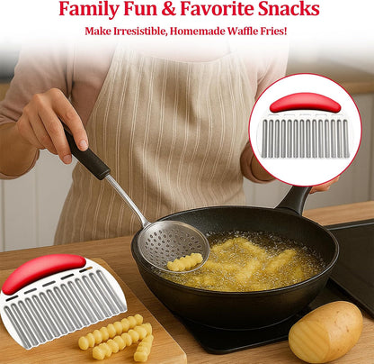 Crinkle Cutter Stainless Steel French Fry Cutter for Potato Slicer, Ripple Chips, Salads Effortlessly Cuts Potatoes, Carrots, Cucumbers Perfect for Meal Prep, Holidays & Entertaining