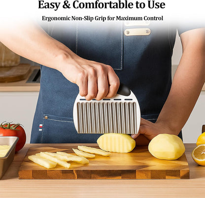 Crinkle Cutter Stainless Steel French Fry Cutter for Potato Slicer, Ripple Chips, Salads Effortlessly Cuts Potatoes, Carrots, Cucumbers Perfect for Meal Prep, Holidays & Entertaining
