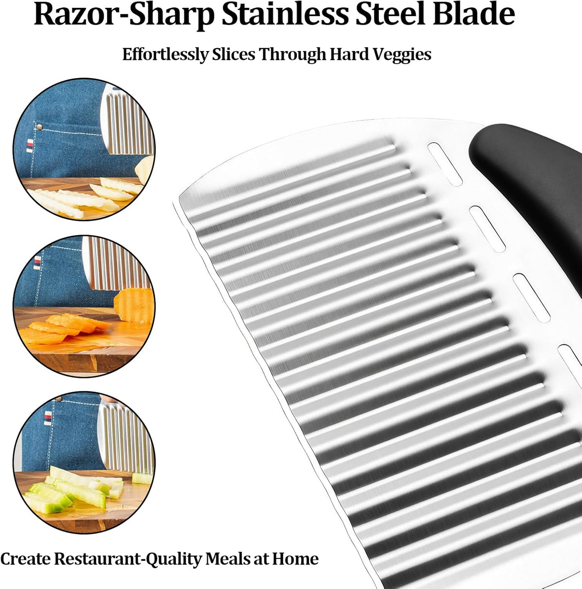 Crinkle Cutter Stainless Steel French Fry Cutter for Potato Slicer, Ripple Chips, Salads Effortlessly Cuts Potatoes, Carrots, Cucumbers Perfect for Meal Prep, Holidays & Entertaining