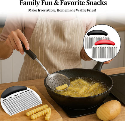 Crinkle Cutter Stainless Steel French Fry Cutter for Potato Slicer, Ripple Chips, Salads Effortlessly Cuts Potatoes, Carrots, Cucumbers Perfect for Meal Prep, Holidays & Entertaining