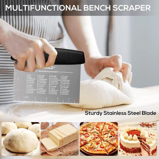 Bench Scraper & Chopper - Multifunctional Dough Scraper with Silicone Bowl Scraper, Sturdy Stainless Steel Dough Cutter for Baking, Pastry Cutter for Bread Pizza Cake with Measuring Scale