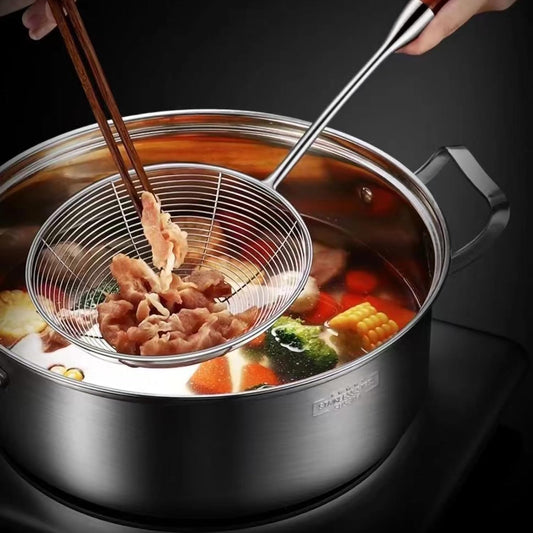 Spider Strainer Skimmer Spoon - 5.4 Inch Stainless Steel Mesh & Wooden Handle - for Deep Frying, Pasta, Stir Fry, Hot Pot, Tempura - Easy Drain Kitchen Utensil