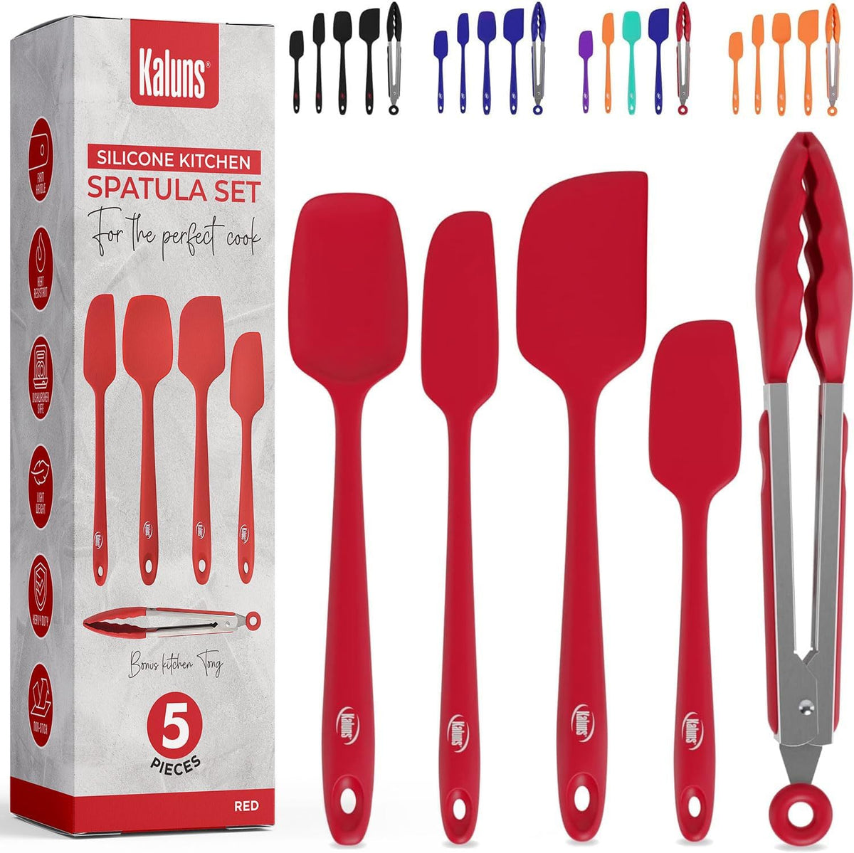 Silicone Spatula Set, 4 Rubber Spatulas 600°F Heat Resistant, Nonstick Seamless Design with Stainless Steel Core, Dishwasher Safe, BPA free, Bonus Tongs Included