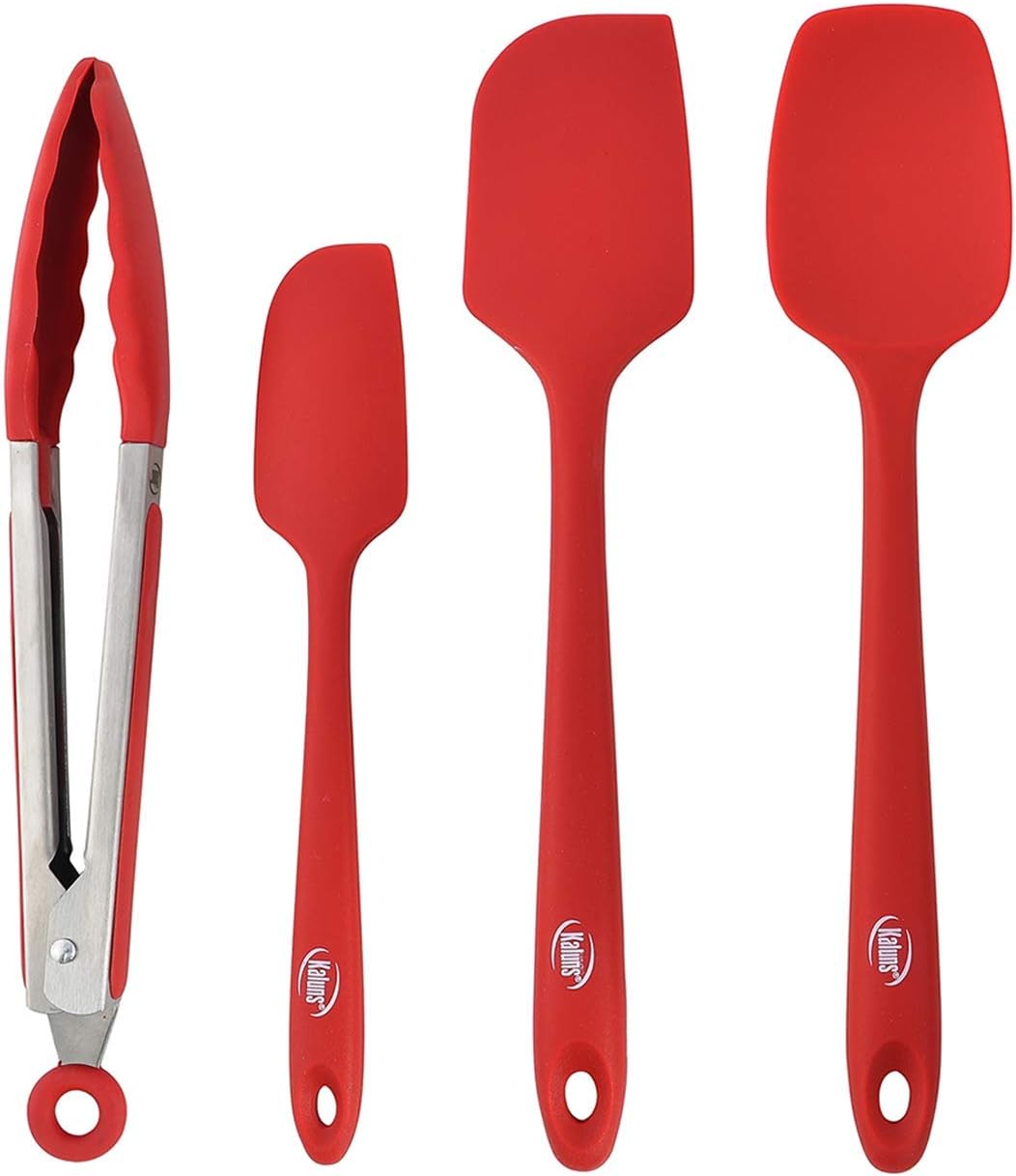 Silicone Spatula Set, 4 Rubber Spatulas 600°F Heat Resistant, Nonstick Seamless Design with Stainless Steel Core, Dishwasher Safe, BPA free, Bonus Tongs Included