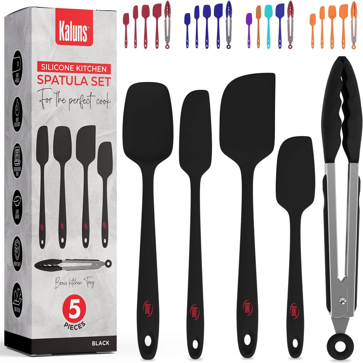 Silicone Spatula Set, 4 Rubber Spatulas 600°F Heat Resistant, Nonstick Seamless Design with Stainless Steel Core, Dishwasher Safe, BPA free, Bonus Tongs Included