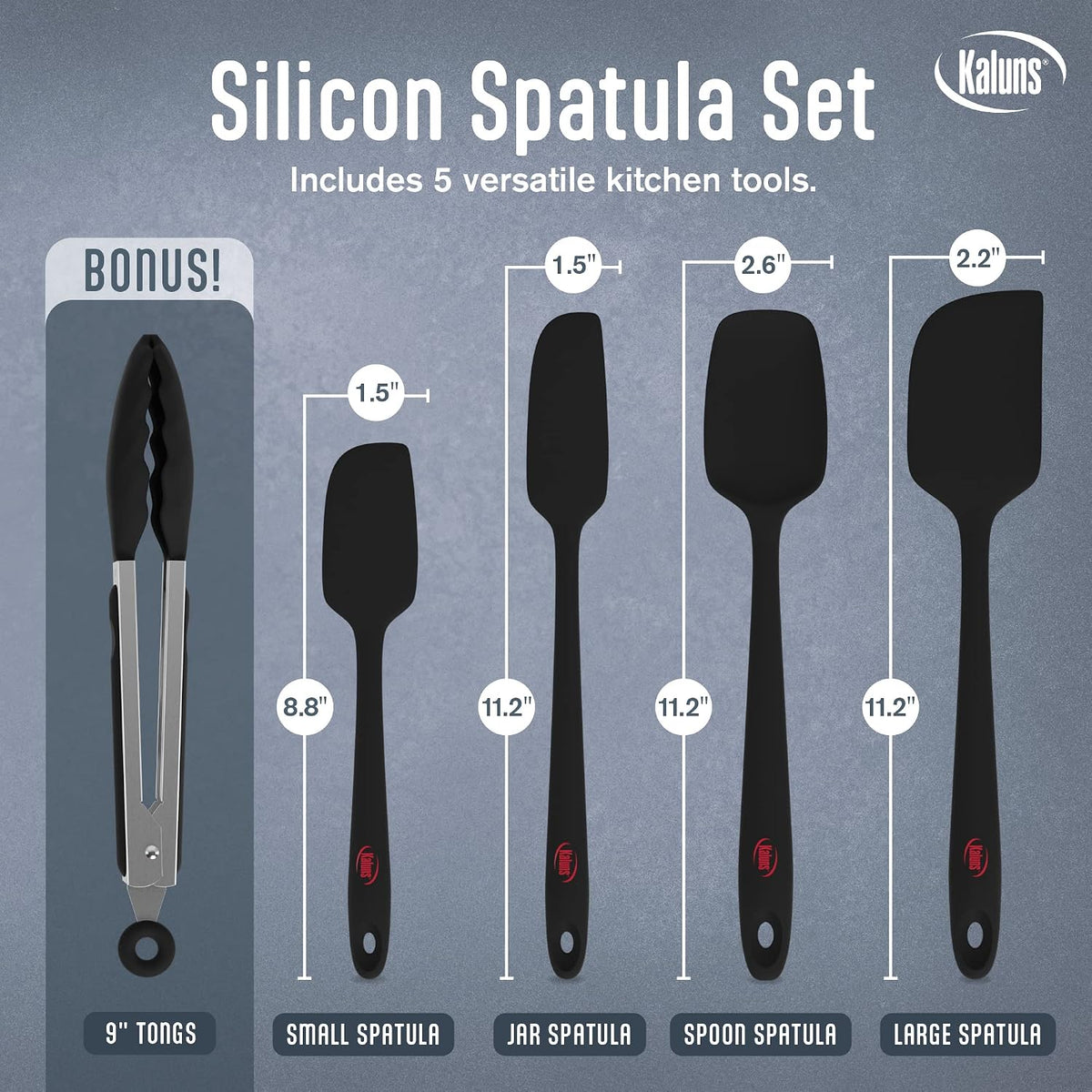 Silicone Spatula Set, 4 Rubber Spatulas 600°F Heat Resistant, Nonstick Seamless Design with Stainless Steel Core, Dishwasher Safe, BPA free, Bonus Tongs Included