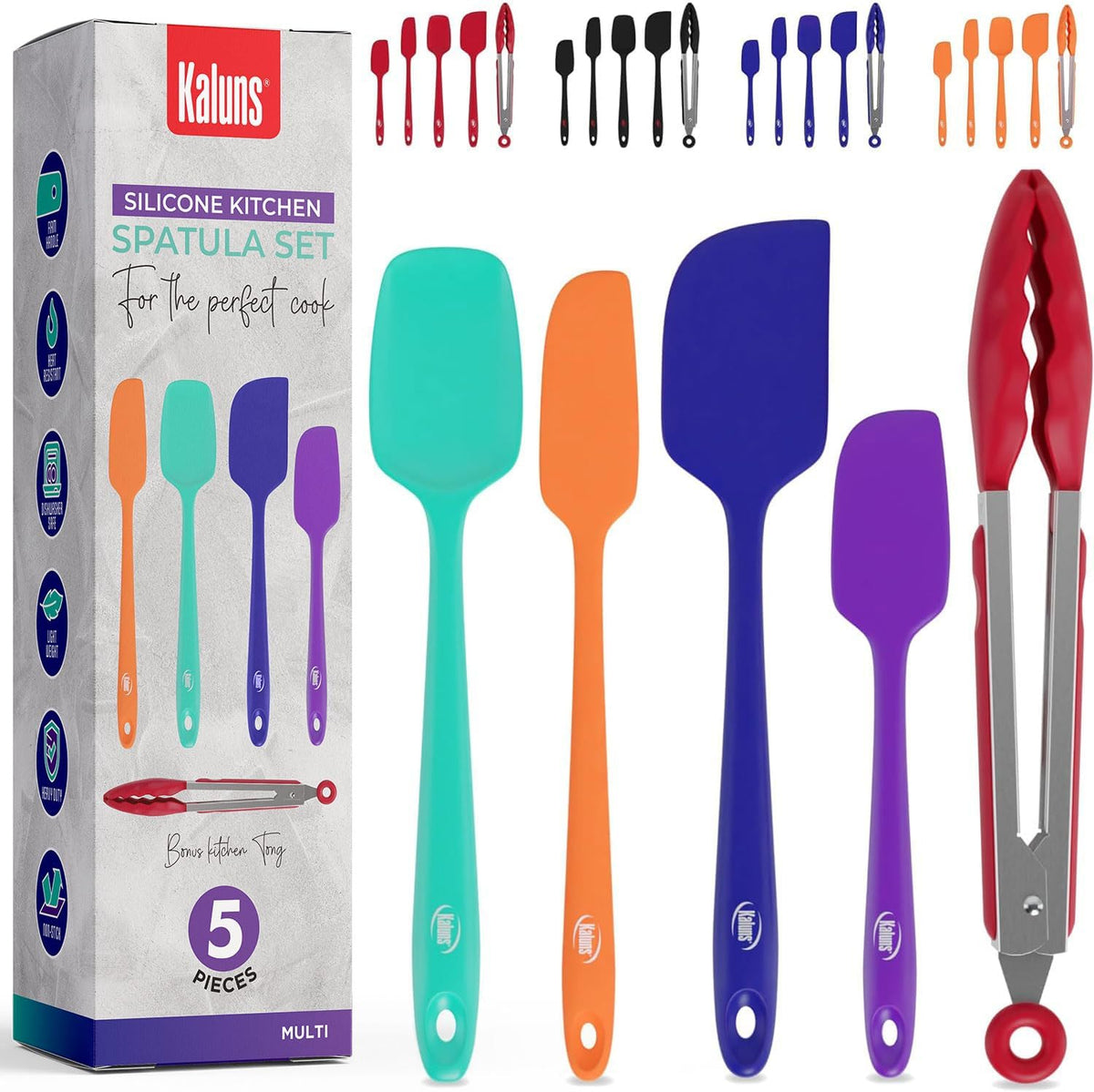 Silicone Spatula Set, 4 Rubber Spatulas 600°F Heat Resistant, Nonstick Seamless Design with Stainless Steel Core, Dishwasher Safe, BPA free, Bonus Tongs Included