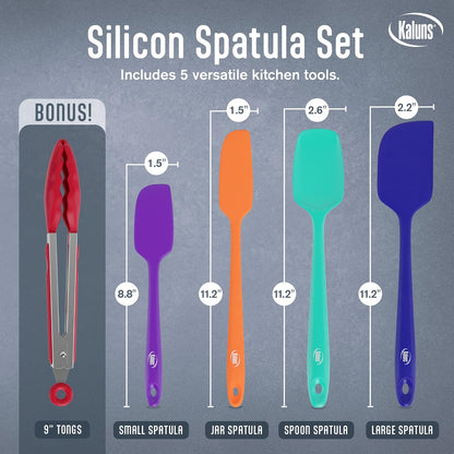 Silicone Spatula Set, 4 Rubber Spatulas 600°F Heat Resistant, Nonstick Seamless Design with Stainless Steel Core, Dishwasher Safe, BPA free, Bonus Tongs Included