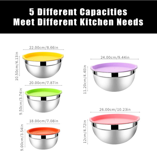 Mixing Bowls with Airtight Lids Set 5 Pcs Stainless Steel Bowls Set Baking Set Non-Slip Silicone Bottoms Great for Serving & Baking