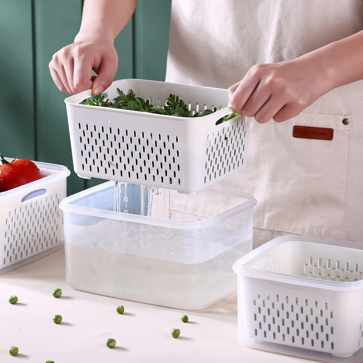 Large Fridge Food Storage Container Set with Lids with Strainer, Fruit Vegetable Storage Containers Keep Fruits, Vegetables, Berry, Meat Fresh longer, BPA-Free Plastic Produce Keepers