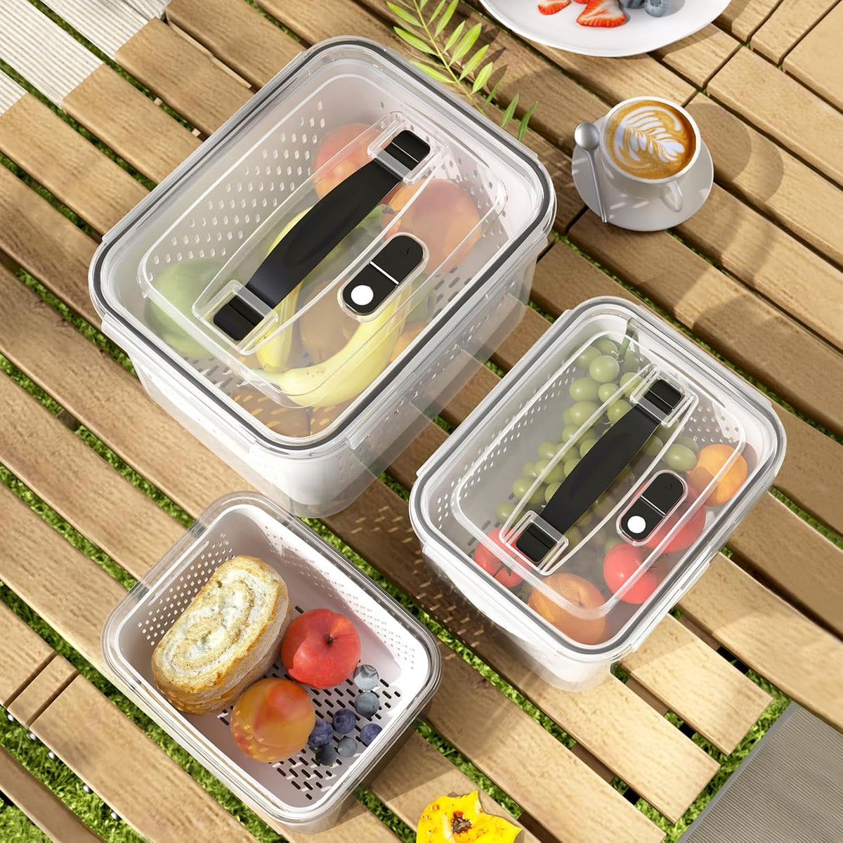 Large Fridge Food Storage Container Set with Lids with Strainer, Fruit Vegetable Storage Containers Keep Fruits, Vegetables, Berry, Meat Fresh longer, BPA-Free Plastic Produce Keepers