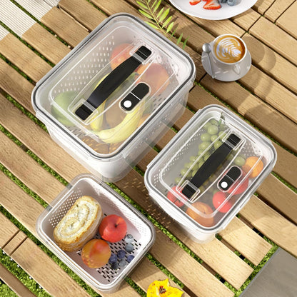 Large Fridge Food Storage Container Set with Lids with Strainer, Fruit Vegetable Storage Containers Keep Fruits, Vegetables, Berry, Meat Fresh longer, BPA-Free Plastic Produce Keepers