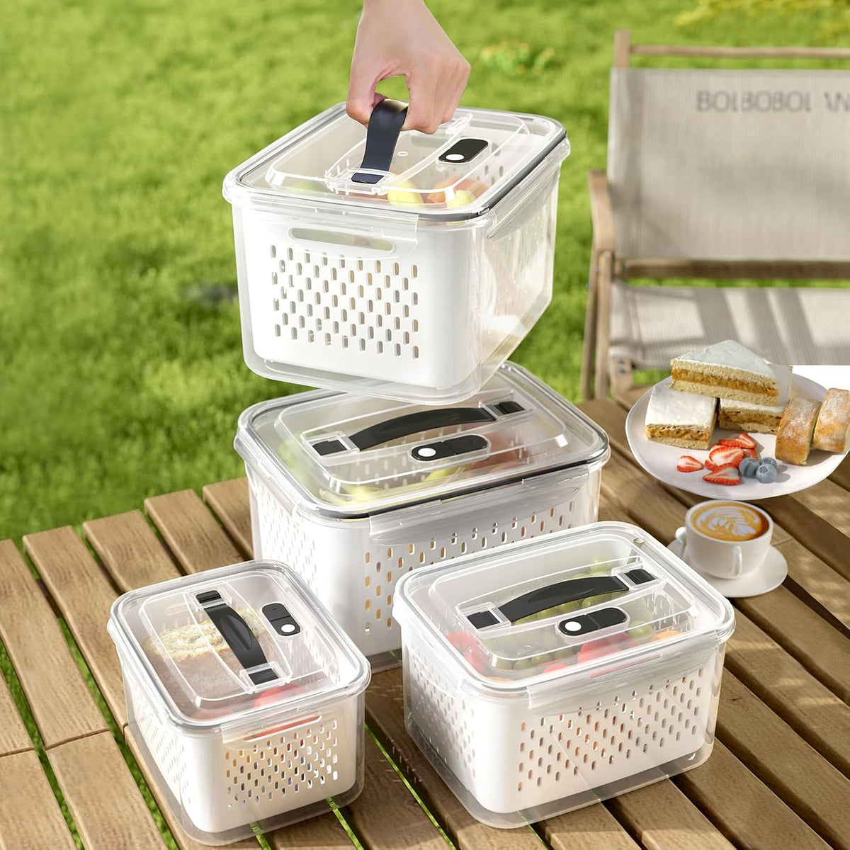 Large Fridge Food Storage Container Set with Lids with Strainer, Fruit Vegetable Storage Containers Keep Fruits, Vegetables, Berry, Meat Fresh longer, BPA-Free Plastic Produce Keepers