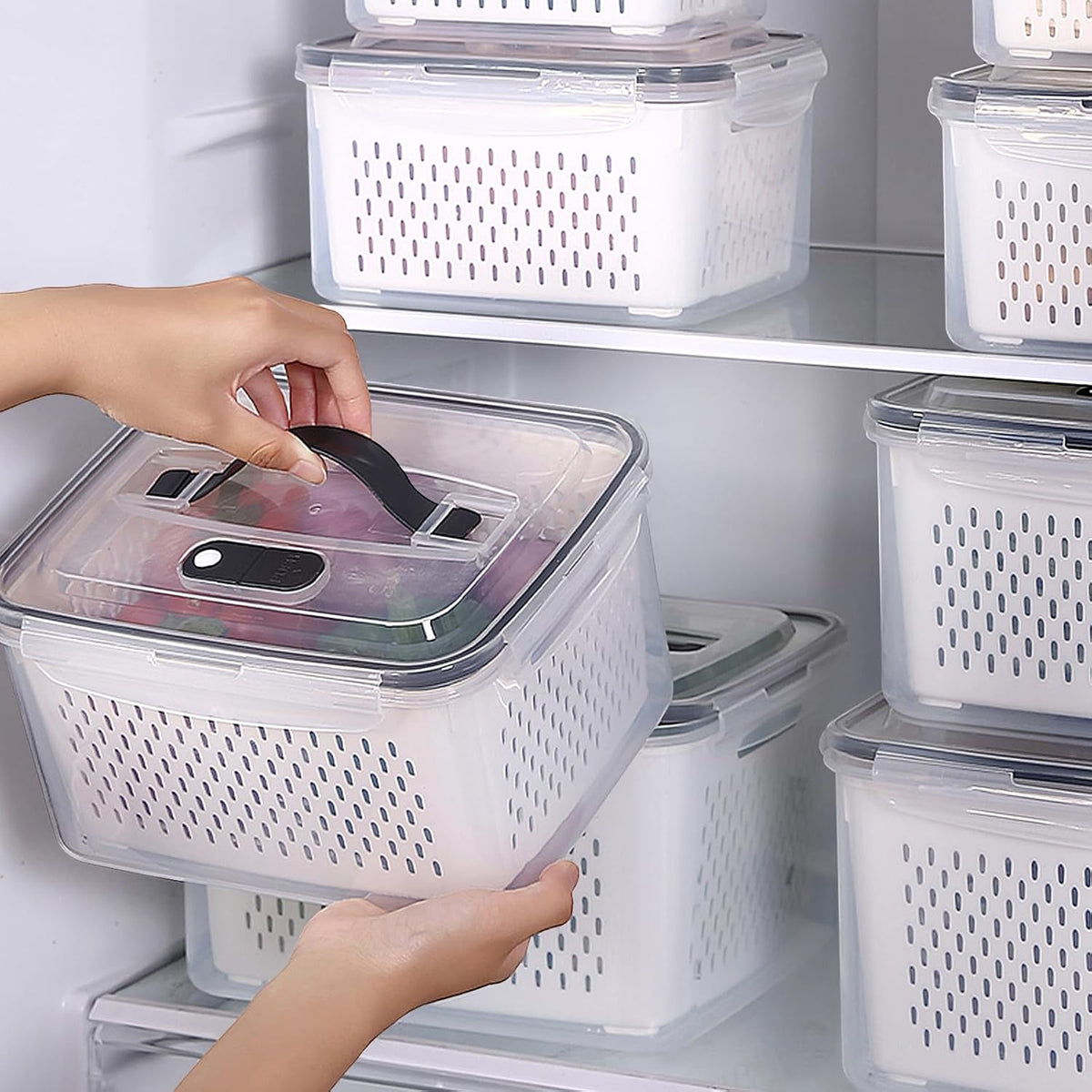 Large Fridge Food Storage Container Set with Lids with Strainer, Fruit Vegetable Storage Containers Keep Fruits, Vegetables, Berry, Meat Fresh longer, BPA-Free Plastic Produce Keepers