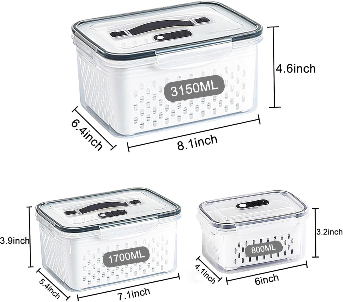 Large Fridge Food Storage Container Set with Lids with Strainer, Fruit Vegetable Storage Containers Keep Fruits, Vegetables, Berry, Meat Fresh longer, BPA-Free Plastic Produce Keepers