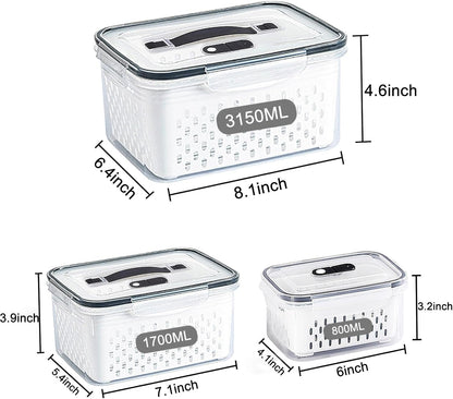 Large Fridge Food Storage Container Set with Lids with Strainer, Fruit Vegetable Storage Containers Keep Fruits, Vegetables, Berry, Meat Fresh longer, BPA-Free Plastic Produce Keepers