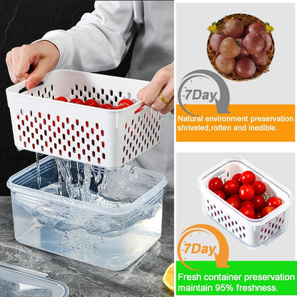 Large Fridge Food Storage Container Set with Lids with Strainer, Fruit Vegetable Storage Containers Keep Fruits, Vegetables, Berry, Meat Fresh longer, BPA-Free Plastic Produce Keepers