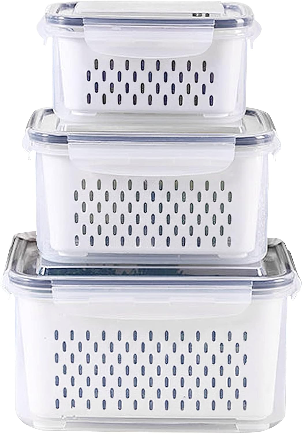 Large Fridge Food Storage Container Set with Lids with Strainer, Fruit Vegetable Storage Containers Keep Fruits, Vegetables, Berry, Meat Fresh longer, BPA-Free Plastic Produce Keepers