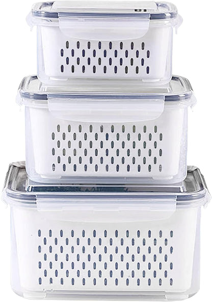 Large Fridge Food Storage Container Set with Lids with Strainer, Fruit Vegetable Storage Containers Keep Fruits, Vegetables, Berry, Meat Fresh longer, BPA-Free Plastic Produce Keepers