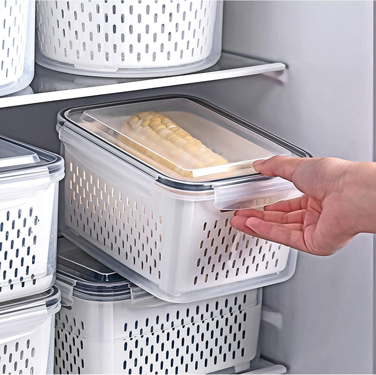 Large Fridge Food Storage Container Set with Lids with Strainer, Fruit Vegetable Storage Containers Keep Fruits, Vegetables, Berry, Meat Fresh longer, BPA-Free Plastic Produce Keepers