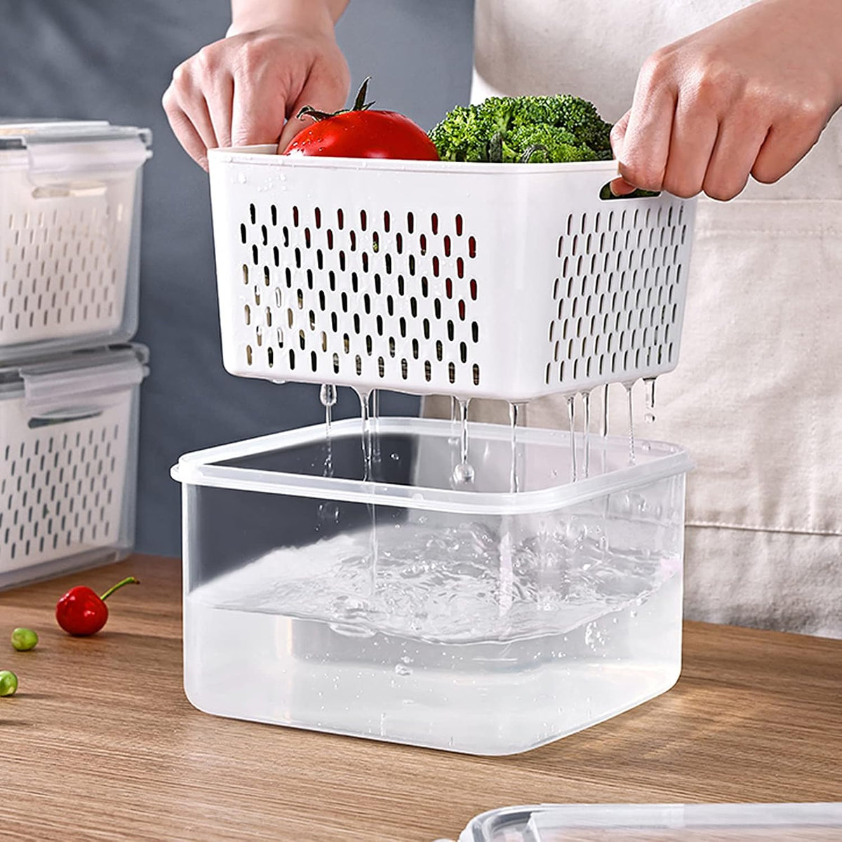 Large Fridge Food Storage Container Set with Lids with Strainer, Fruit Vegetable Storage Containers Keep Fruits, Vegetables, Berry, Meat Fresh longer, BPA-Free Plastic Produce Keepers