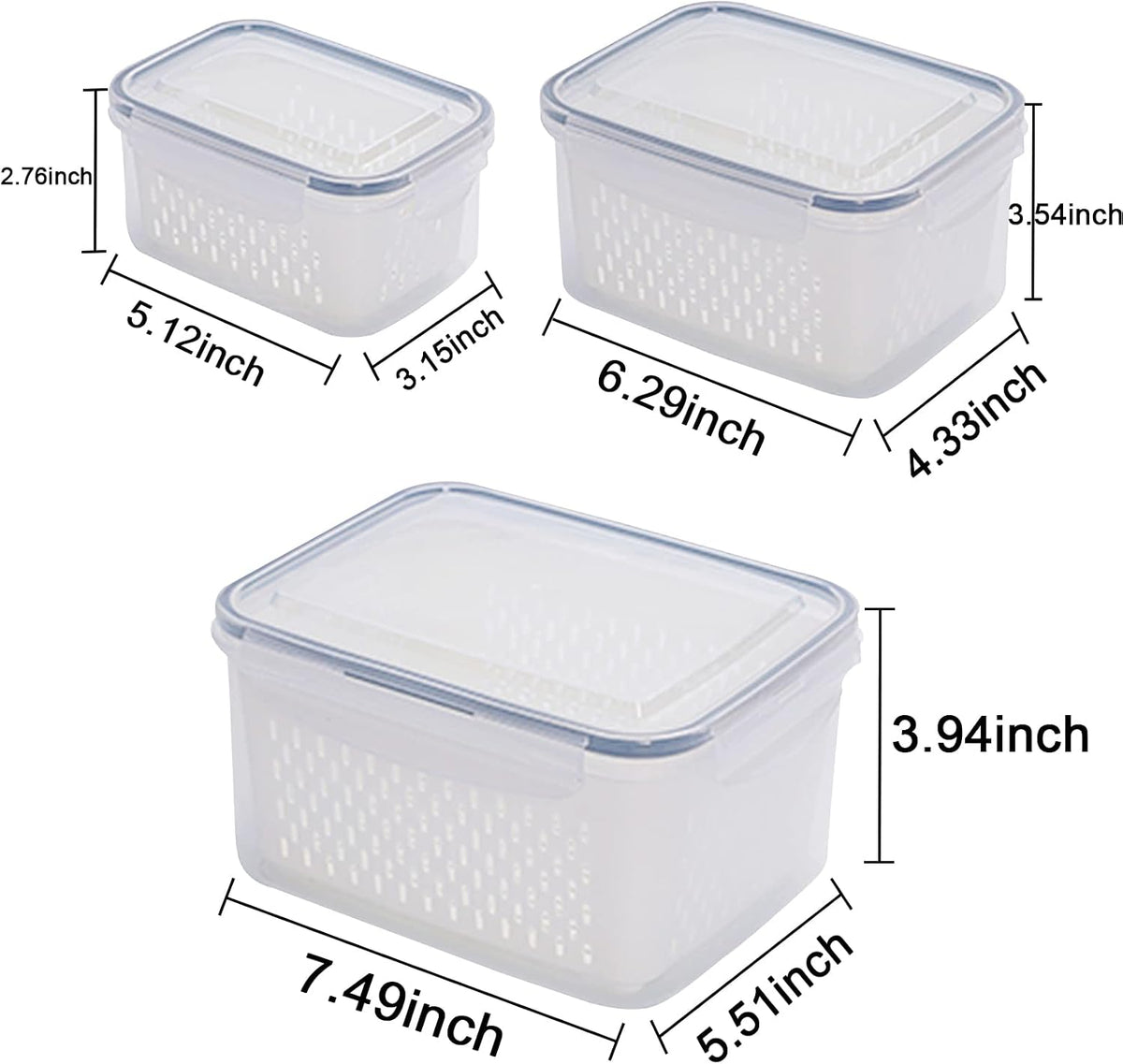 Large Fridge Food Storage Container Set with Lids with Strainer, Fruit Vegetable Storage Containers Keep Fruits, Vegetables, Berry, Meat Fresh longer, BPA-Free Plastic Produce Keepers