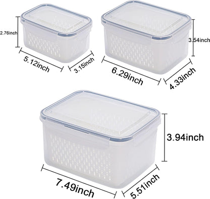 Large Fridge Food Storage Container Set with Lids with Strainer, Fruit Vegetable Storage Containers Keep Fruits, Vegetables, Berry, Meat Fresh longer, BPA-Free Plastic Produce Keepers