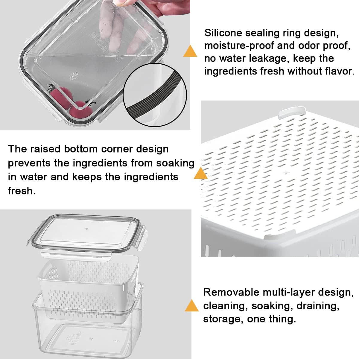 Large Fridge Food Storage Container Set with Lids with Strainer, Fruit Vegetable Storage Containers Keep Fruits, Vegetables, Berry, Meat Fresh longer, BPA-Free Plastic Produce Keepers