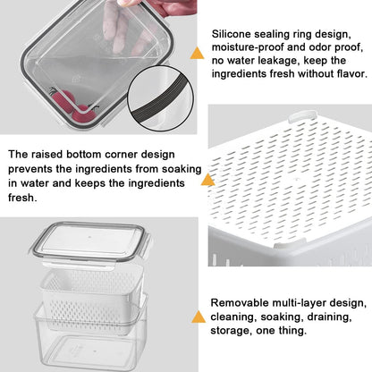 Large Fridge Food Storage Container Set with Lids with Strainer, Fruit Vegetable Storage Containers Keep Fruits, Vegetables, Berry, Meat Fresh longer, BPA-Free Plastic Produce Keepers