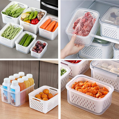 Large Fridge Food Storage Container Set with Lids with Strainer, Fruit Vegetable Storage Containers Keep Fruits, Vegetables, Berry, Meat Fresh longer, BPA-Free Plastic Produce Keepers