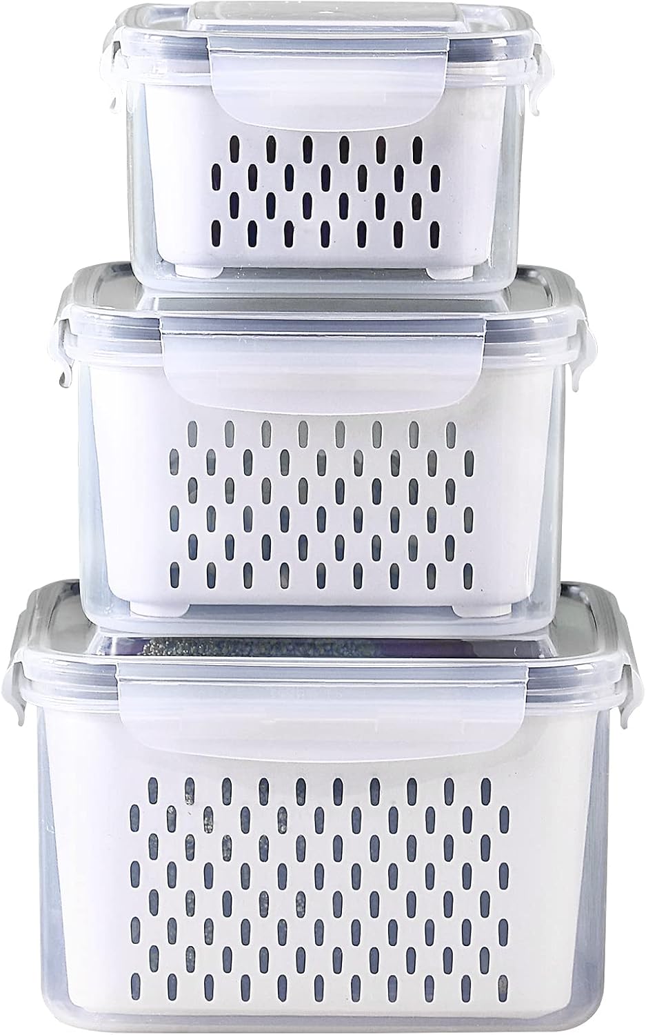 Large Fridge Food Storage Container Set with Lids with Strainer, Fruit Vegetable Storage Containers Keep Fruits, Vegetables, Berry, Meat Fresh longer, BPA-Free Plastic Produce Keepers