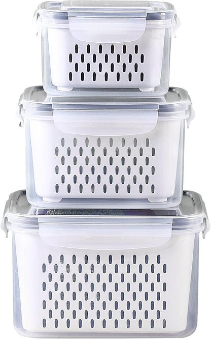 Large Fridge Food Storage Container Set with Lids with Strainer, Fruit Vegetable Storage Containers Keep Fruits, Vegetables, Berry, Meat Fresh longer, BPA-Free Plastic Produce Keepers