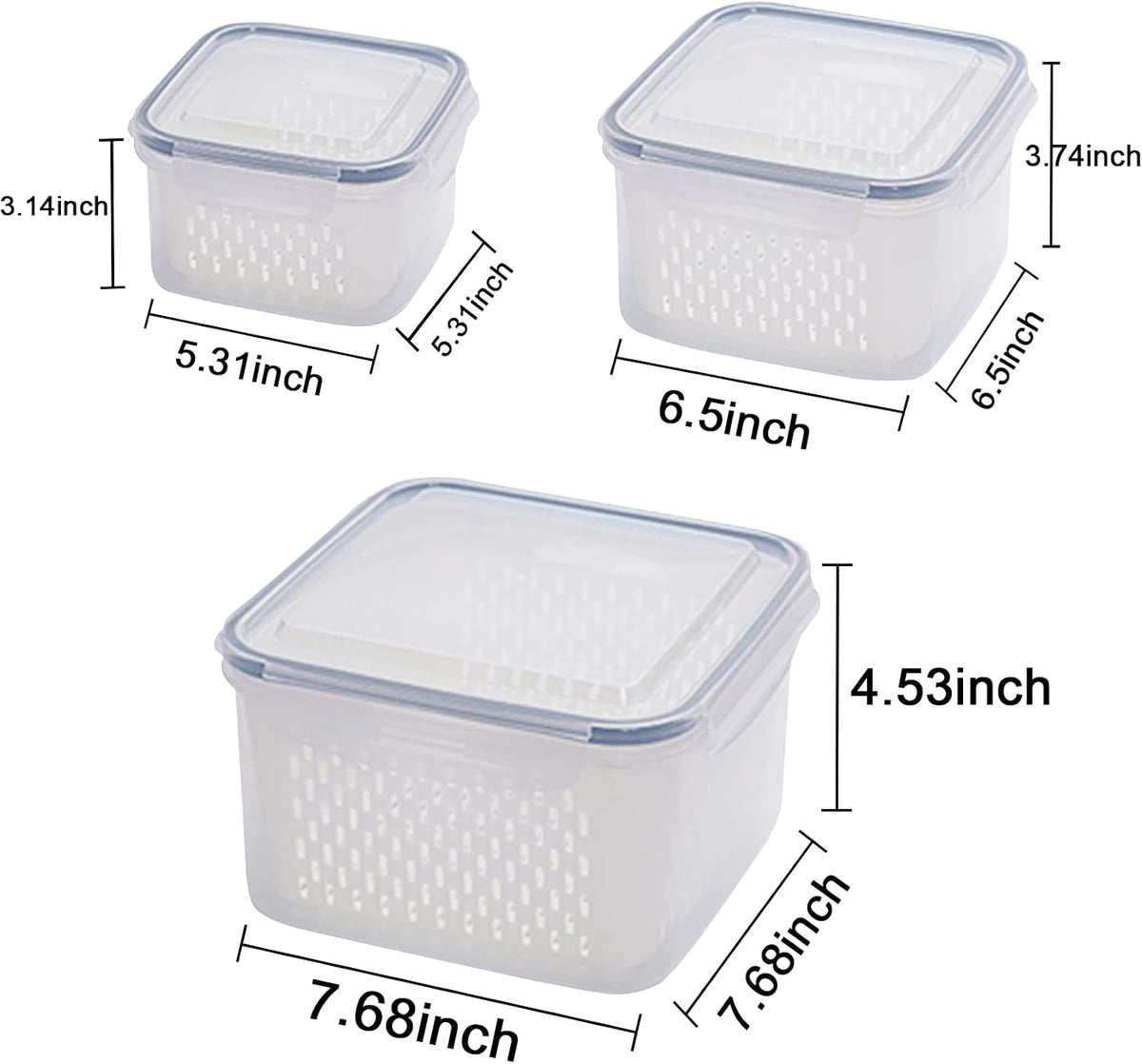 Large Fridge Food Storage Container Set with Lids with Strainer, Fruit Vegetable Storage Containers Keep Fruits, Vegetables, Berry, Meat Fresh longer, BPA-Free Plastic Produce Keepers