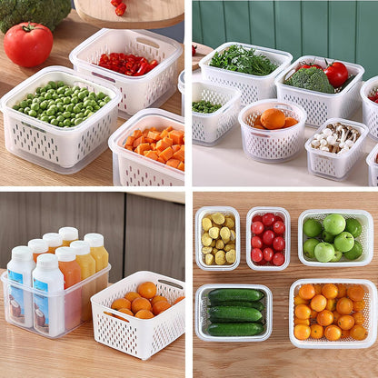 Large Fridge Food Storage Container Set with Lids with Strainer, Fruit Vegetable Storage Containers Keep Fruits, Vegetables, Berry, Meat Fresh longer, BPA-Free Plastic Produce Keepers