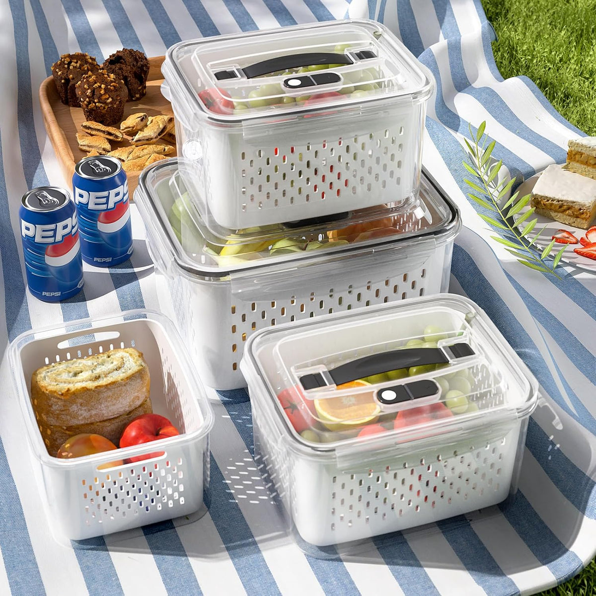 Large Fridge Food Storage Container Set with Lids with Strainer, Fruit Vegetable Storage Containers Keep Fruits, Vegetables, Berry, Meat Fresh longer, BPA-Free Plastic Produce Keepers