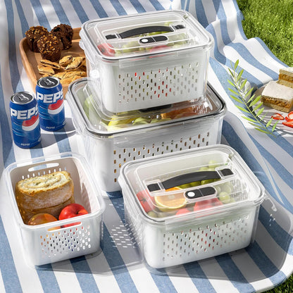 Large Fridge Food Storage Container Set with Lids with Strainer, Fruit Vegetable Storage Containers Keep Fruits, Vegetables, Berry, Meat Fresh longer, BPA-Free Plastic Produce Keepers