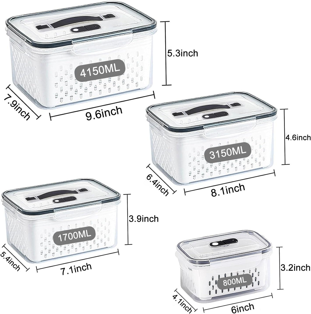 Large Fridge Food Storage Container Set with Lids with Strainer, Fruit Vegetable Storage Containers Keep Fruits, Vegetables, Berry, Meat Fresh longer, BPA-Free Plastic Produce Keepers