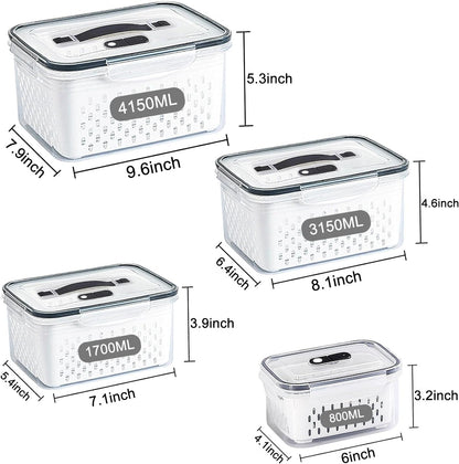 Large Fridge Food Storage Container Set with Lids with Strainer, Fruit Vegetable Storage Containers Keep Fruits, Vegetables, Berry, Meat Fresh longer, BPA-Free Plastic Produce Keepers