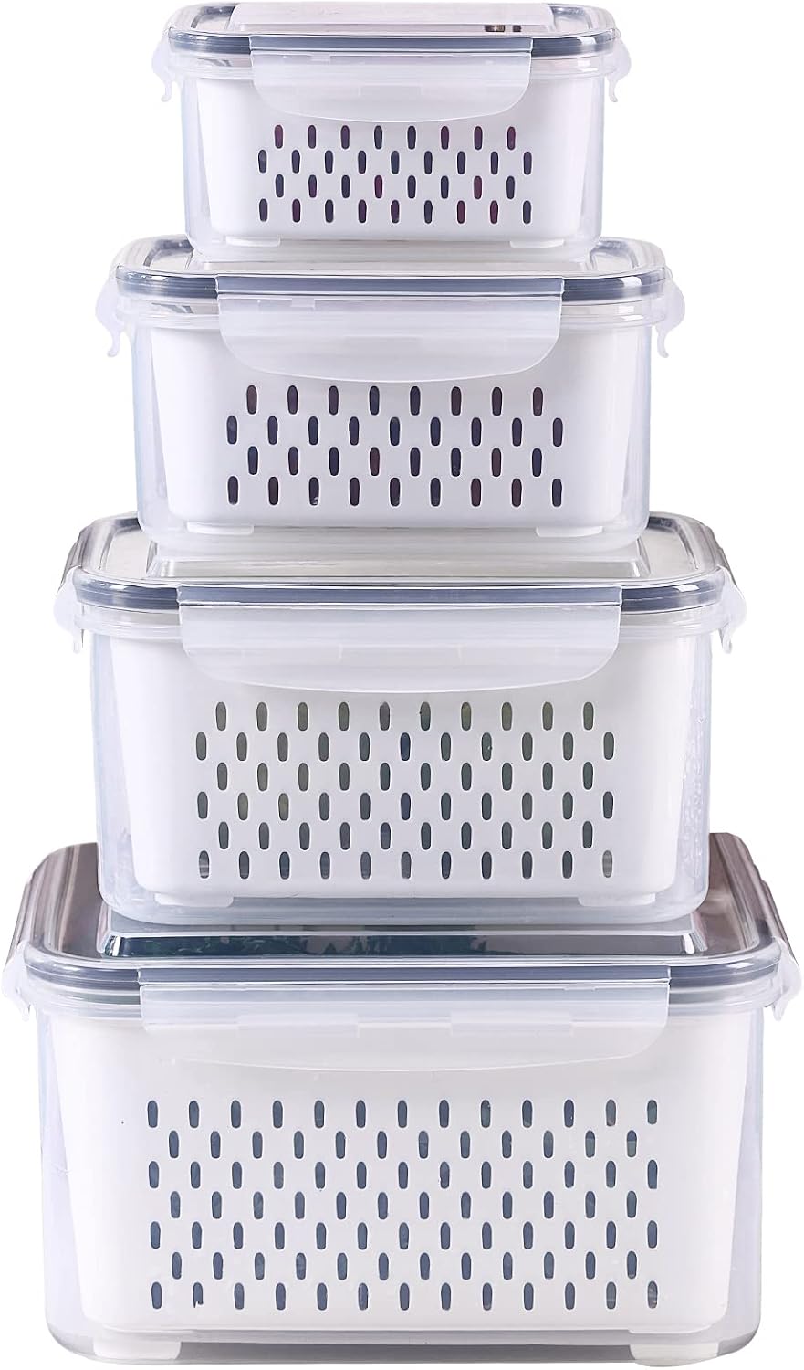 Large Fridge Food Storage Container Set with Lids with Strainer, Fruit Vegetable Storage Containers Keep Fruits, Vegetables, Berry, Meat Fresh longer, BPA-Free Plastic Produce Keepers
