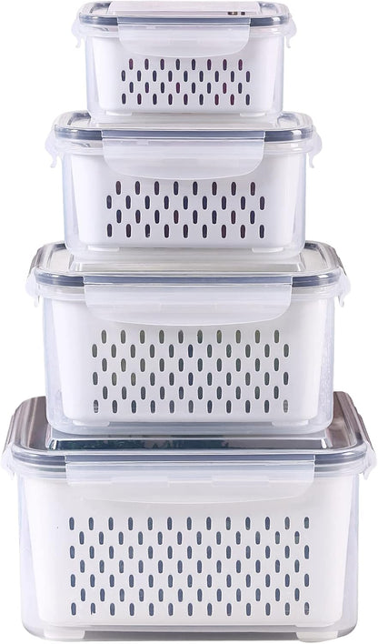 Large Fridge Food Storage Container Set with Lids with Strainer, Fruit Vegetable Storage Containers Keep Fruits, Vegetables, Berry, Meat Fresh longer, BPA-Free Plastic Produce Keepers