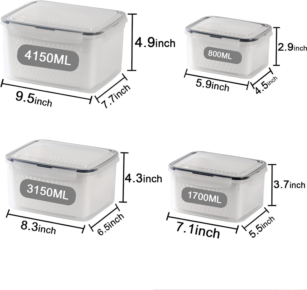 Large Fridge Food Storage Container Set with Lids with Strainer, Fruit Vegetable Storage Containers Keep Fruits, Vegetables, Berry, Meat Fresh longer, BPA-Free Plastic Produce Keepers