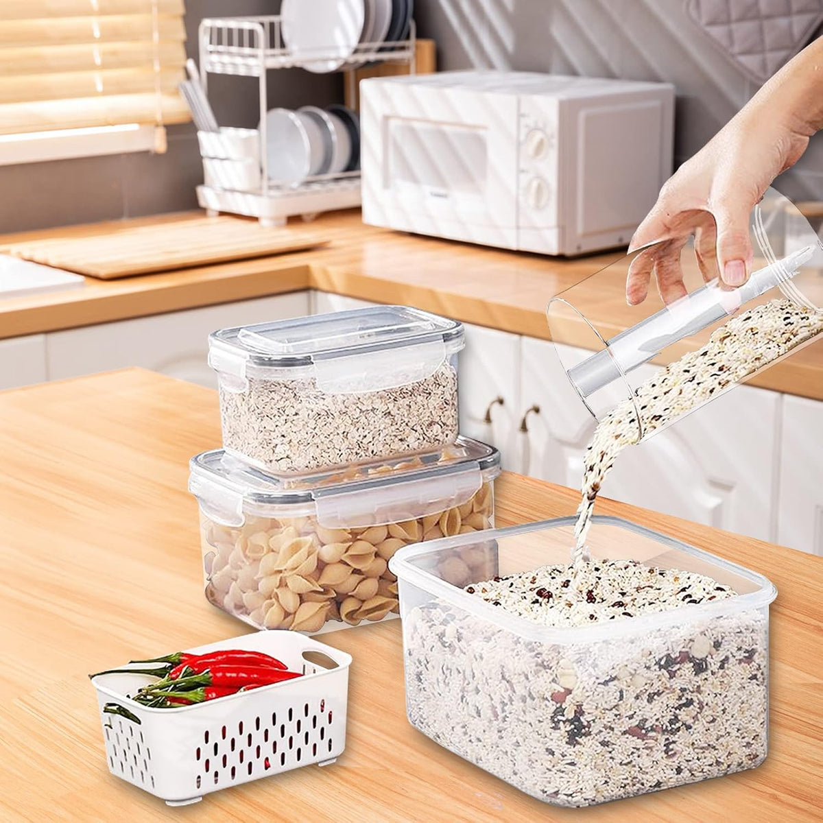 Large Fridge Food Storage Container Set with Lids with Strainer, Fruit Vegetable Storage Containers Keep Fruits, Vegetables, Berry, Meat Fresh longer, BPA-Free Plastic Produce Keepers