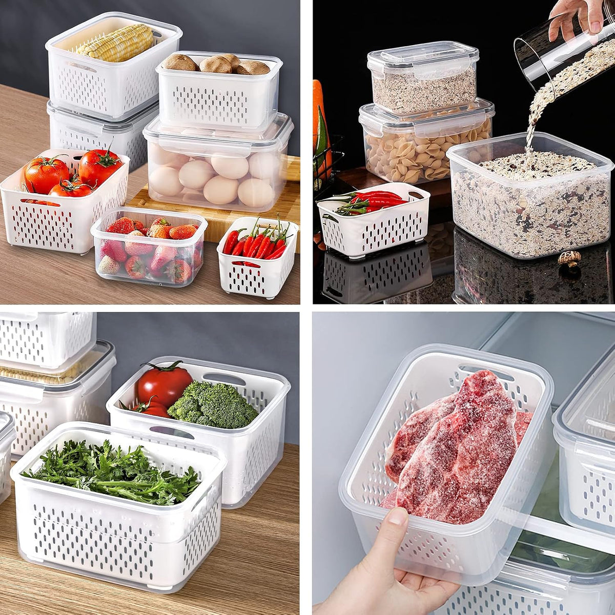 Large Fridge Food Storage Container Set with Lids with Strainer, Fruit Vegetable Storage Containers Keep Fruits, Vegetables, Berry, Meat Fresh longer, BPA-Free Plastic Produce Keepers